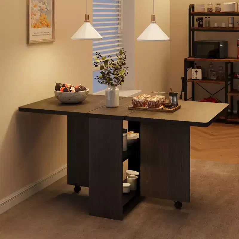 Table pliante multifonction FULVARI avec roulettes, 2 étagères de rangement, casier, poignée, pour salle à manger, bureau, salon