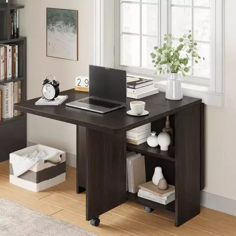 Table pliante multifonction FULVARI avec roulettes, 2 étagères de rangement, casier, poignée, pour salle à manger, bureau, salon