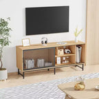 Meuble TV Industriel avec Portes Coulissantes en Treillis Métallique, Meuble TV en Bois Moderne avec Pieds en Métal, Trous de Gestion des Câbles, Grand Espace de Rangement