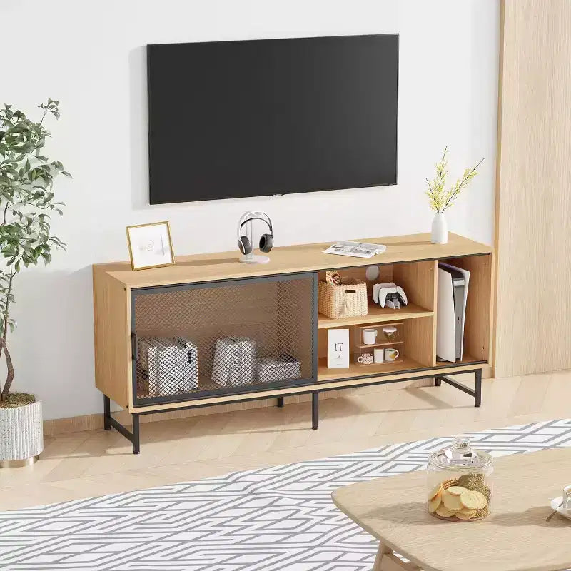 Meuble TV Industriel avec Portes Coulissantes en Treillis Métallique, Meuble TV en Bois Moderne avec Pieds en Métal, Trous de Gestion des Câbles, Grand Espace de Rangement