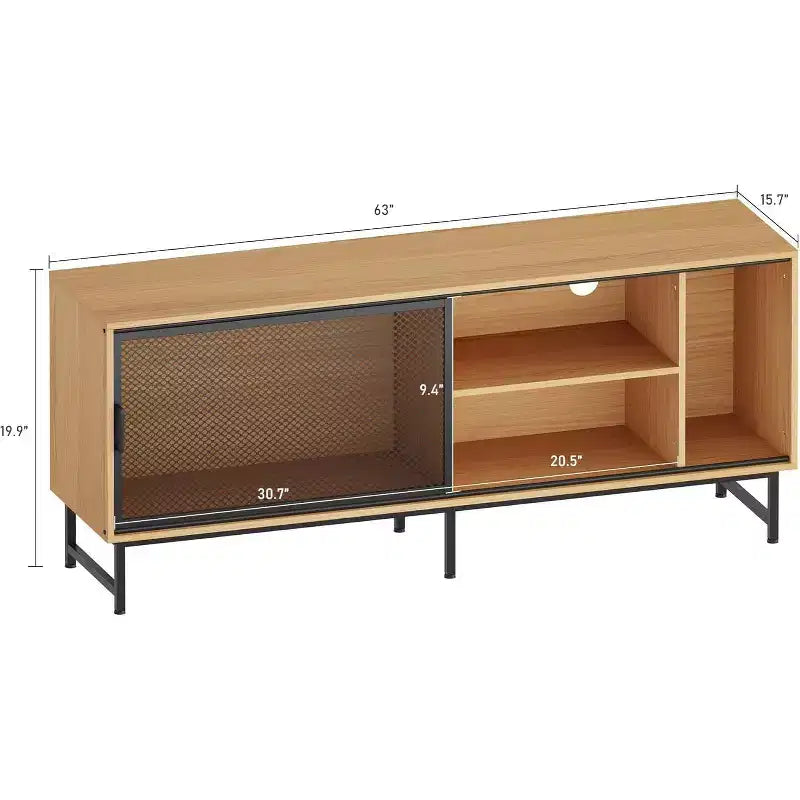 Meuble TV Industriel avec Portes Coulissantes en Treillis Métallique, Meuble TV en Bois Moderne avec Pieds en Métal, Trous de Gestion des Câbles, Grand Espace de Rangement