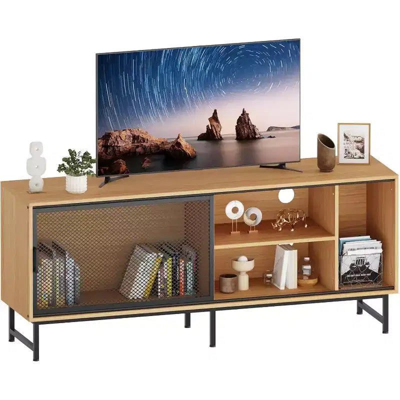 Meuble TV Industriel avec Portes Coulissantes en Treillis Métallique, Meuble TV en Bois Moderne avec Pieds en Métal, Trous de Gestion des Câbles, Grand Espace de Rangement