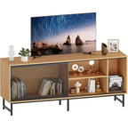 Meuble TV Industriel avec Portes Coulissantes en Treillis Métallique, Meuble TV en Bois Moderne avec Pieds en Métal, Trous de Gestion des Câbles, Grand Espace de Rangement