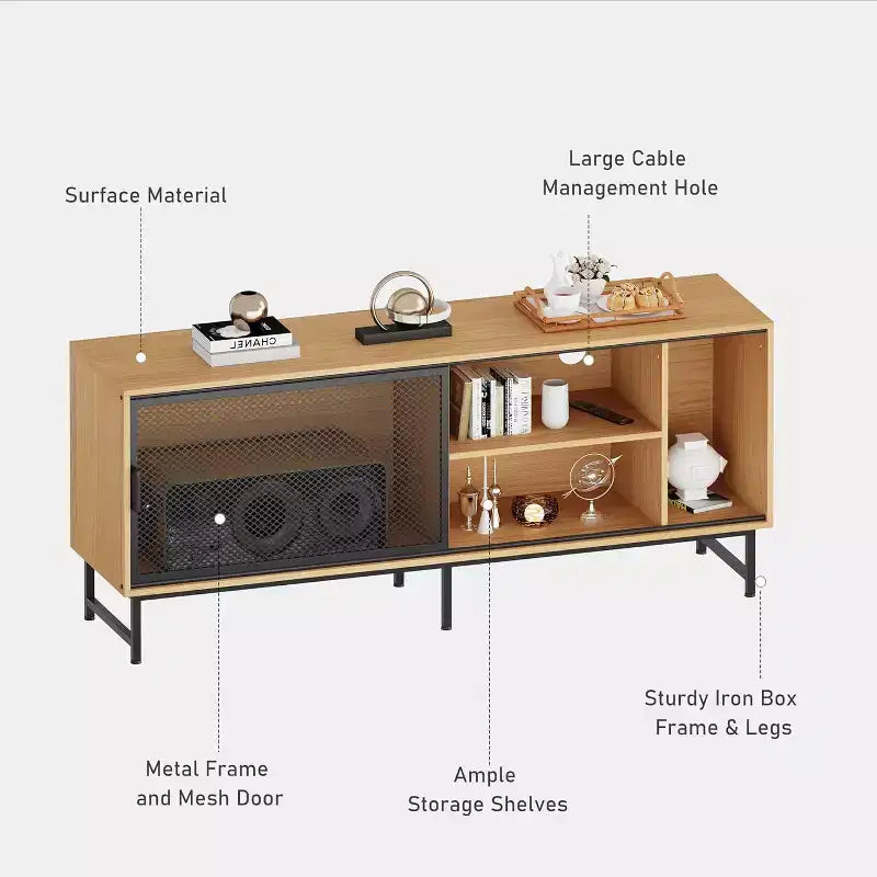 Meuble TV Industriel avec Portes Coulissantes en Treillis Métallique, Meuble TV en Bois Moderne avec Pieds en Métal, Trous de Gestion des Câbles, Grand Espace de Rangement