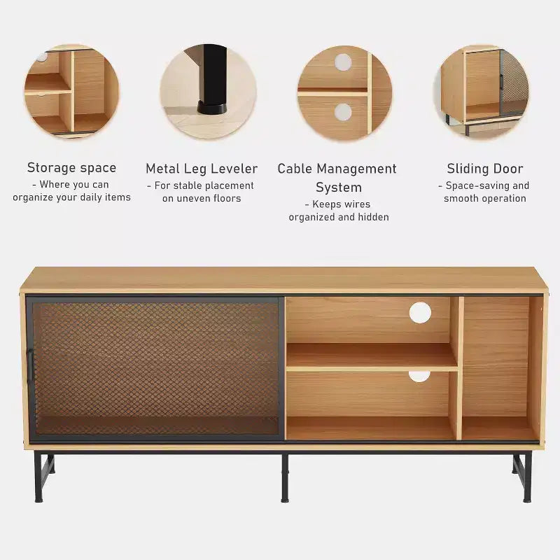 Meuble TV Industriel avec Portes Coulissantes en Treillis Métallique, Meuble TV en Bois Moderne avec Pieds en Métal, Trous de Gestion des Câbles, Grand Espace de Rangement