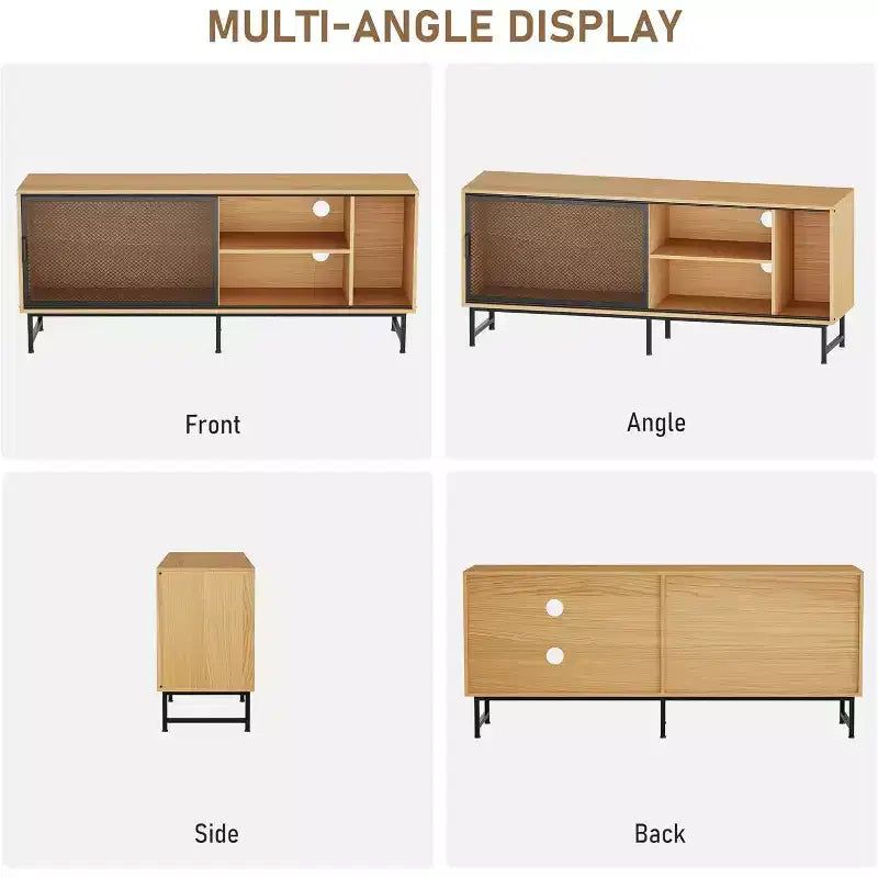 Meuble TV Industriel avec Portes Coulissantes en Treillis Métallique, Meuble TV en Bois Moderne avec Pieds en Métal, Trous de Gestion des Câbles, Grand Espace de Rangement