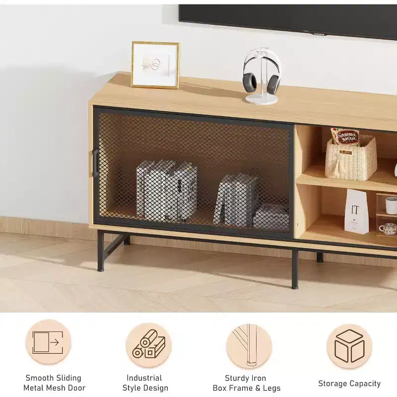 Meuble TV Industriel avec Portes Coulissantes en Treillis Métallique, Meuble TV en Bois Moderne avec Pieds en Métal, Trous de Gestion des Câbles, Grand Espace de Rangement
