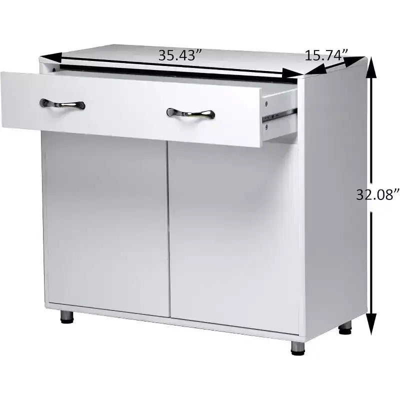 Console de rangement buffet en MDF blanc de 83,6 po avec 6 tiroirs, 2 armoires latérales et 2 portes pour salon ou salle à manger, rectangulaire