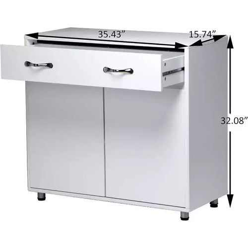 Console de rangement buffet en MDF blanc de 83,6 po avec 6 tiroirs, 2 armoires latérales et 2 portes pour salon ou salle à manger, rectangulaire
