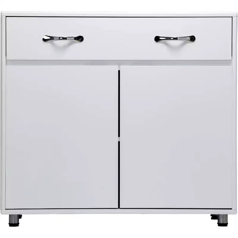 Console de rangement buffet en MDF blanc de 83,6 po avec 6 tiroirs, 2 armoires latérales et 2 portes pour salon ou salle à manger, rectangulaire