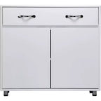 Console de rangement buffet en MDF blanc de 83,6 po avec 6 tiroirs, 2 armoires latérales et 2 portes pour salon ou salle à manger, rectangulaire