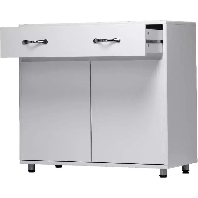 Console de rangement buffet en MDF blanc de 83,6 po avec 6 tiroirs, 2 armoires latérales et 2 portes pour salon ou salle à manger, rectangulaire