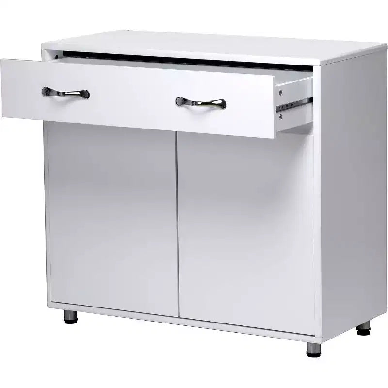 Console de rangement buffet en MDF blanc de 83,6 po avec 6 tiroirs, 2 armoires latérales et 2 portes pour salon ou salle à manger, rectangulaire