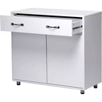 Console de rangement buffet en MDF blanc de 83,6 po avec 6 tiroirs, 2 armoires latérales et 2 portes pour salon ou salle à manger, rectangulaire