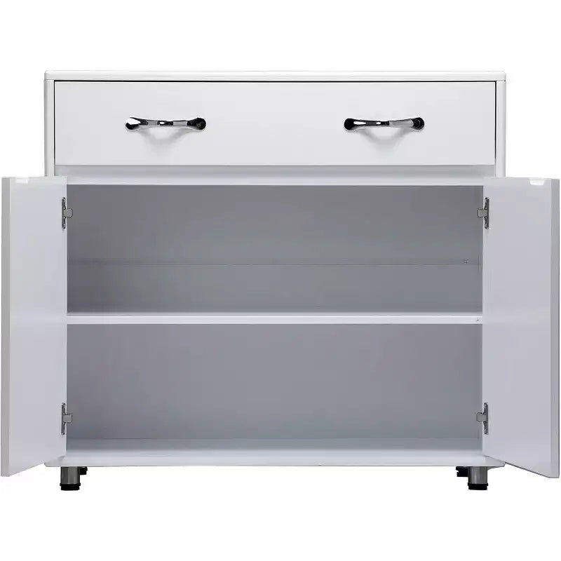 Console de rangement buffet en MDF blanc de 83,6 po avec 6 tiroirs, 2 armoires latérales et 2 portes pour salon ou salle à manger, rectangulaire