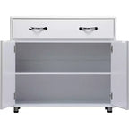 Console de rangement buffet en MDF blanc de 83,6 po avec 6 tiroirs, 2 armoires latérales et 2 portes pour salon ou salle à manger, rectangulaire