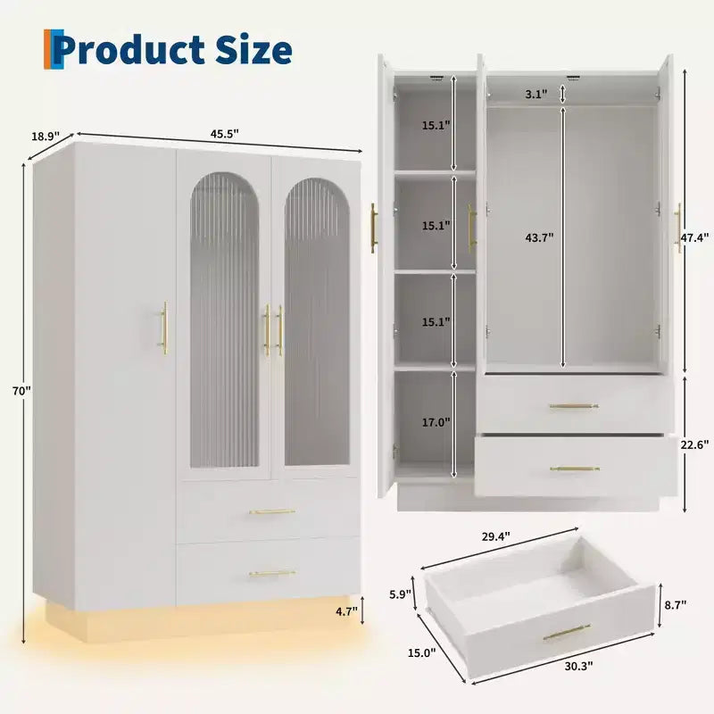 Acekool Armoire moderne 3 portes avec portes vitrées, tringles de suspension et tiroirs, grande armoire blanche pour chambre et salon