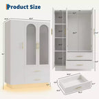 Acekool Armoire moderne 3 portes avec portes vitrées, tringles de suspension et tiroirs, grande armoire blanche pour chambre et salon