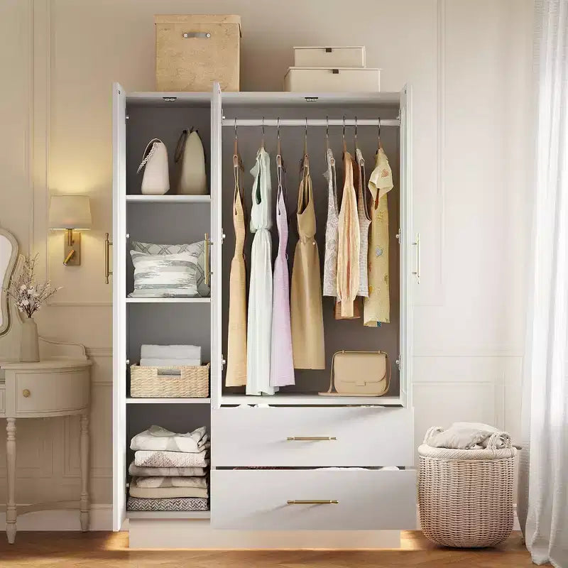 Acekool Armoire moderne 3 portes avec portes vitrées, tringles de suspension et tiroirs, grande armoire blanche pour chambre et salon