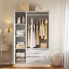 Acekool Armoire moderne 3 portes avec portes vitrées, tringles de suspension et tiroirs, grande armoire blanche pour chambre et salon