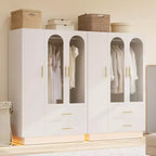 Acekool Armoire moderne 3 portes avec portes vitrées, tringles de suspension et tiroirs, grande armoire blanche pour chambre et salon