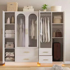 Acekool Armoire moderne 3 portes avec portes vitrées, tringles de suspension et tiroirs, grande armoire blanche pour chambre et salon
