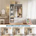 Acekool Armoire moderne 3 portes avec portes vitrées, tringles de suspension et tiroirs, grande armoire blanche pour chambre et salon