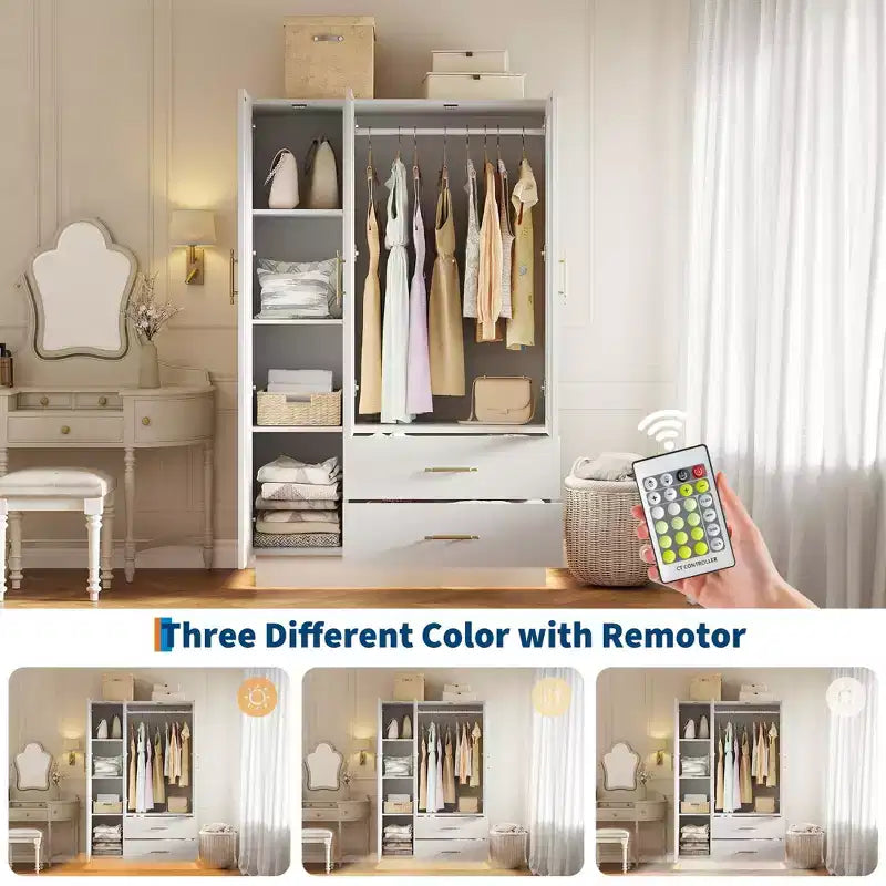 Acekool Armoire moderne 3 portes avec portes vitrées, tringles de suspension et tiroirs, grande armoire blanche pour chambre et salon