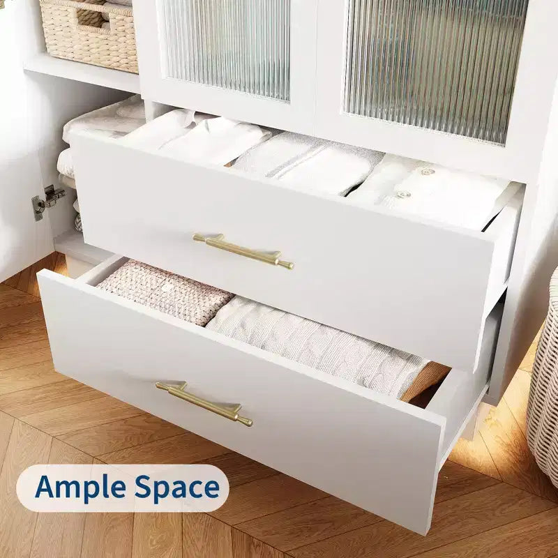 Acekool Armoire moderne 3 portes avec portes vitrées, tringles de suspension et tiroirs, grande armoire blanche pour chambre et salon