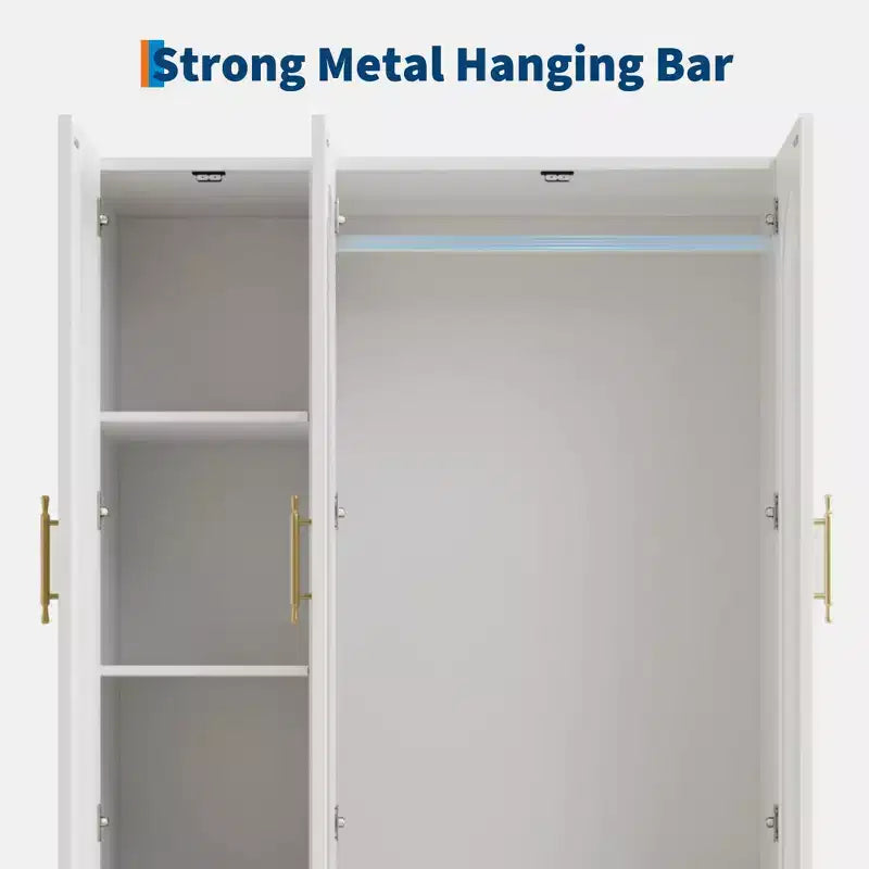 Acekool Armoire moderne 3 portes avec portes vitrées, tringles de suspension et tiroirs, grande armoire blanche pour chambre et salon