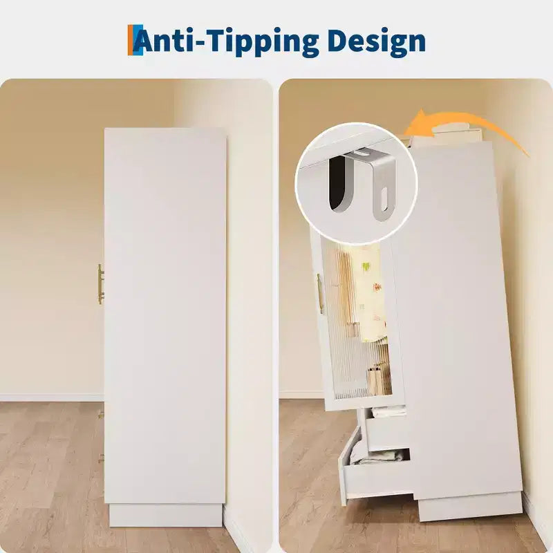 Acekool Armoire moderne 3 portes avec portes vitrées, tringles de suspension et tiroirs, grande armoire blanche pour chambre et salon