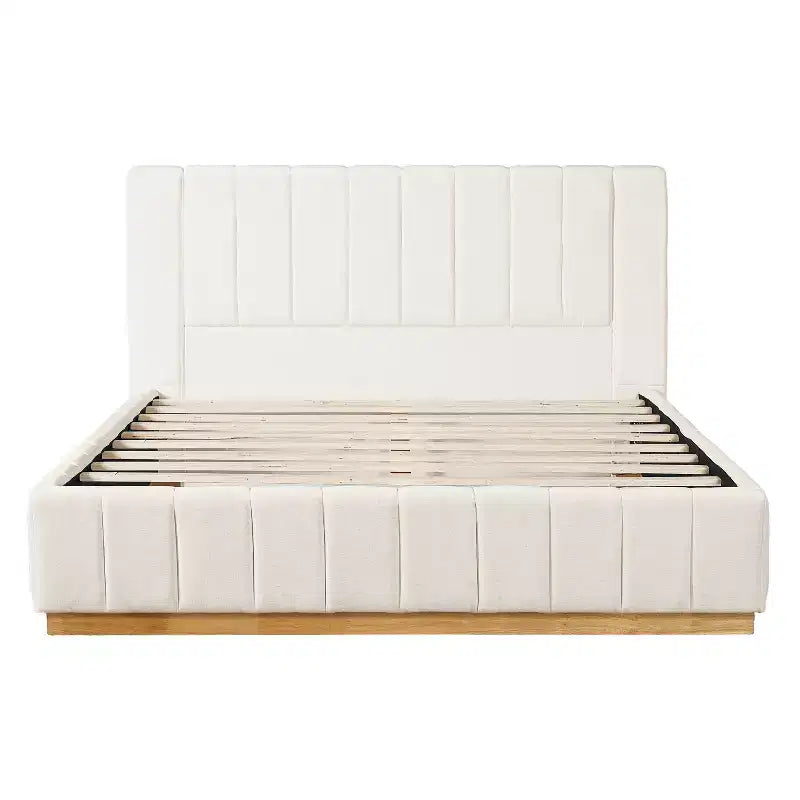 Cadre de lit plateforme Queen/King Size avec tête de lit rembourrée et tissu rayé minimaliste, beige - ModernLuxe