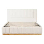 Cadre de lit plateforme Queen/King Size avec tête de lit rembourrée et tissu rayé minimaliste, beige - ModernLuxe