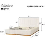 Cadre de lit plateforme Queen/King Size avec tête de lit rembourrée et tissu rayé minimaliste, beige - ModernLuxe