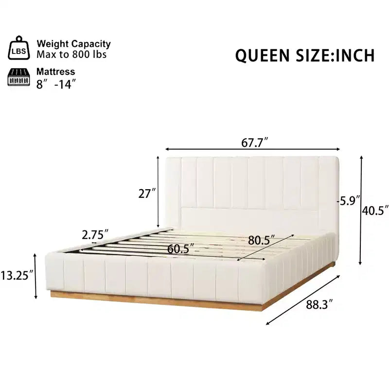 Cadre de lit plateforme Queen/King Size avec tête de lit rembourrée et tissu rayé minimaliste, beige - ModernLuxe