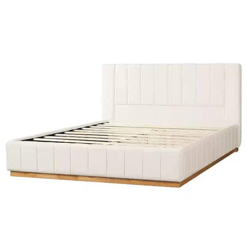 Cadre de lit plateforme Queen/King Size avec tête de lit rembourrée et tissu rayé minimaliste, beige - ModernLuxe