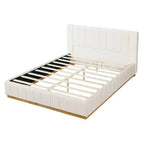 Cadre de lit plateforme Queen/King Size avec tête de lit rembourrée et tissu rayé minimaliste, beige - ModernLuxe
