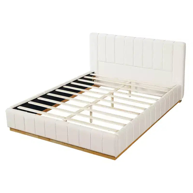 Cadre de lit plateforme Queen/King Size avec tête de lit rembourrée et tissu rayé minimaliste, beige - ModernLuxe
