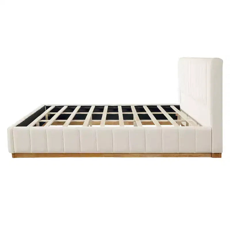 Cadre de lit plateforme Queen/King Size avec tête de lit rembourrée et tissu rayé minimaliste, beige - ModernLuxe