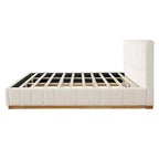 Cadre de lit plateforme Queen/King Size avec tête de lit rembourrée et tissu rayé minimaliste, beige - ModernLuxe