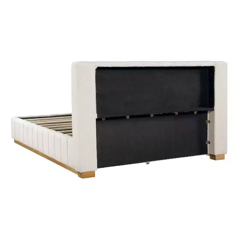 Cadre de lit plateforme Queen/King Size avec tête de lit rembourrée et tissu rayé minimaliste, beige - ModernLuxe