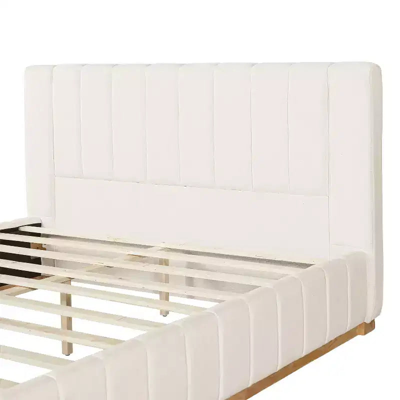 Cadre de lit plateforme Queen/King Size avec tête de lit rembourrée et tissu rayé minimaliste, beige - ModernLuxe