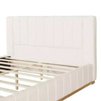 Cadre de lit plateforme Queen/King Size avec tête de lit rembourrée et tissu rayé minimaliste, beige - ModernLuxe
