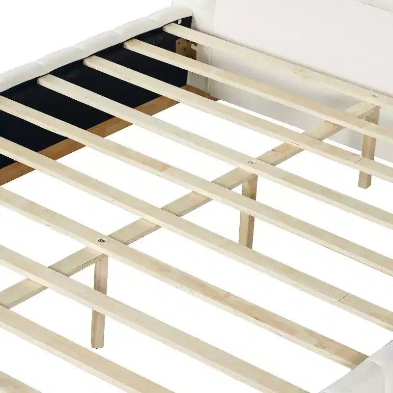 Cadre de lit plateforme Queen/King Size avec tête de lit rembourrée et tissu rayé minimaliste, beige - ModernLuxe