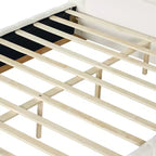 Cadre de lit plateforme Queen/King Size avec tête de lit rembourrée et tissu rayé minimaliste, beige - ModernLuxe