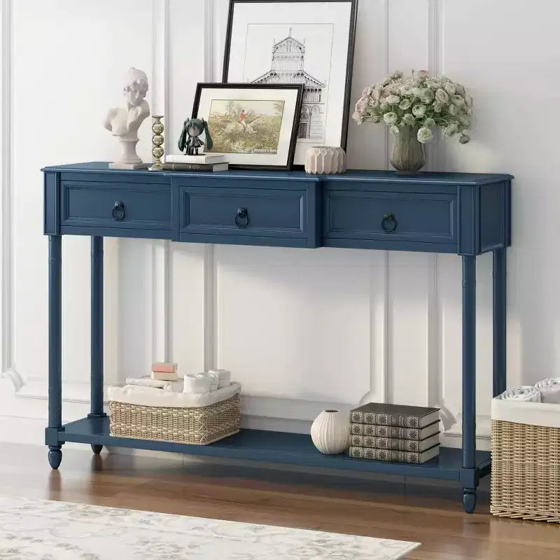 Console, table de canapé avec 3 tiroirs saillants, étagère inférieure longue ouverte, mobilier de maison rustique multifonctionnel pour entrée, bleu marine