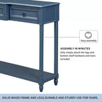 Console, table de canapé avec 3 tiroirs saillants, étagère inférieure longue ouverte, mobilier de maison rustique multifonctionnel pour entrée, bleu marine