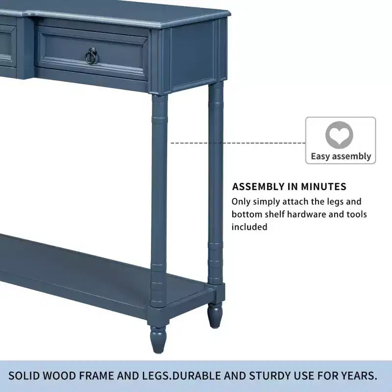 Console, table de canapé avec 3 tiroirs saillants, étagère inférieure longue ouverte, mobilier de maison rustique multifonctionnel pour entrée, bleu marine