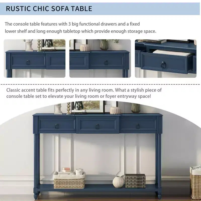 Console, table de canapé avec 3 tiroirs saillants, étagère inférieure longue ouverte, mobilier de maison rustique multifonctionnel pour entrée, bleu marine