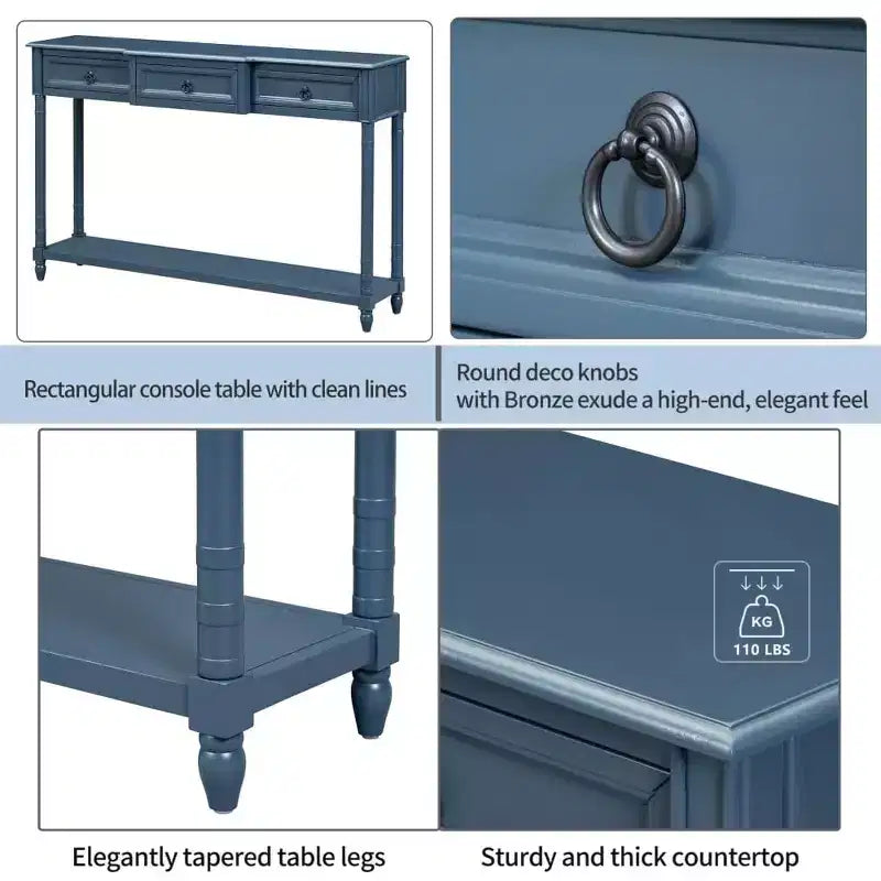 Console, table de canapé avec 3 tiroirs saillants, étagère inférieure longue ouverte, mobilier de maison rustique multifonctionnel pour entrée, bleu marine
